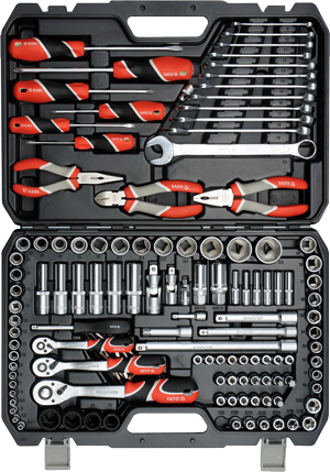 YT-38881 1/4"+3/8"+1/2" Набор головок 4-32 мм с инструментом, ключами и битами, 129 предметов