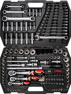 YT-38811 1/4"+3/8"+1/2" Набор метрических (4-32 мм) и дюймовых (5/32" - 1-1/4") головок с принадлежностями, ключами и битами, 150 предметов
