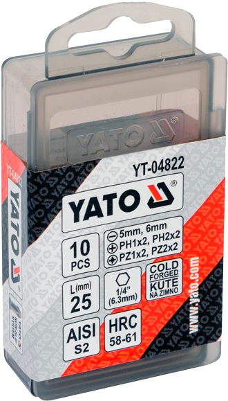 YT-04822 1/4"х25 Набор бит PH, PZ, шлиц, 10 предметов